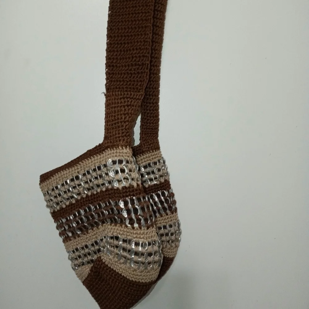 Handmade Crochet Hobo Bag made with Silver Flip top Soda can Tabs.Brown Beige